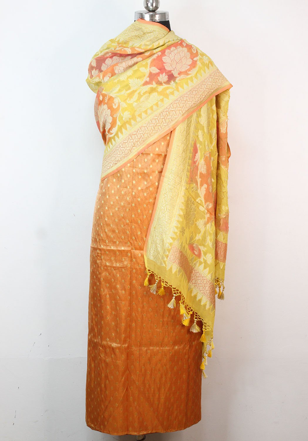 Orange Handloom Banarasi Tissue Silk Suit With Yellow Handloom Banarasi Pure Georgette Brush Dyed Dupatta - Luxurion World