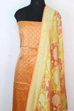Orange Handloom Banarasi Tissue Silk Suit With Yellow Handloom Banarasi Pure Georgette Brush Dyed Dupatta - Luxurion World