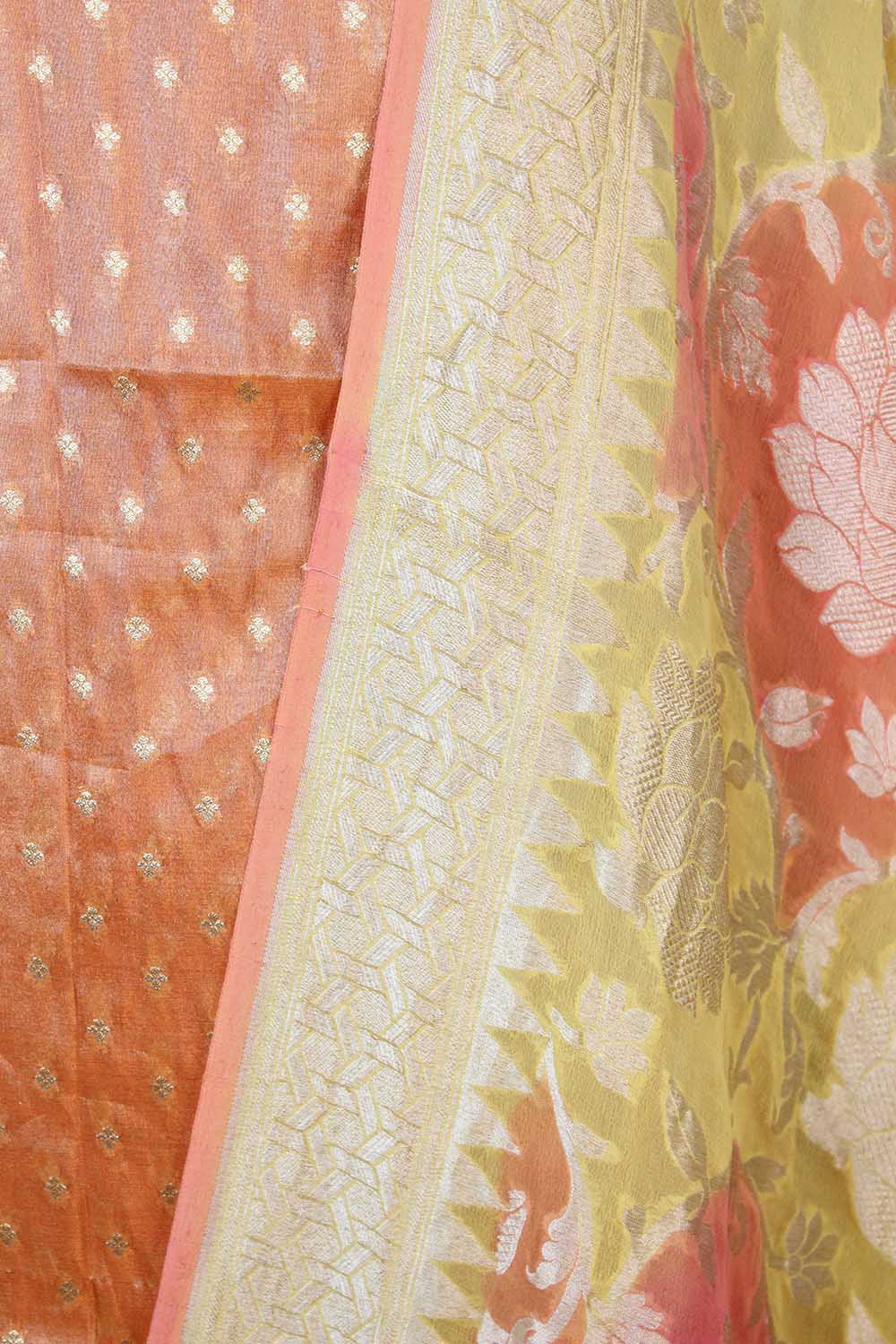 Orange Handloom Banarasi Tissue Silk Suit With Yellow Handloom Banarasi Pure Georgette Brush Dyed Dupatta - Luxurion World