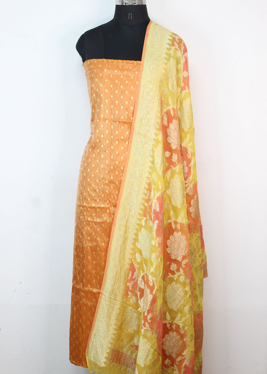 Orange Handloom Banarasi Tissue Silk Suit With Yellow Handloom Banarasi Pure Georgette Brush Dyed Dupatta