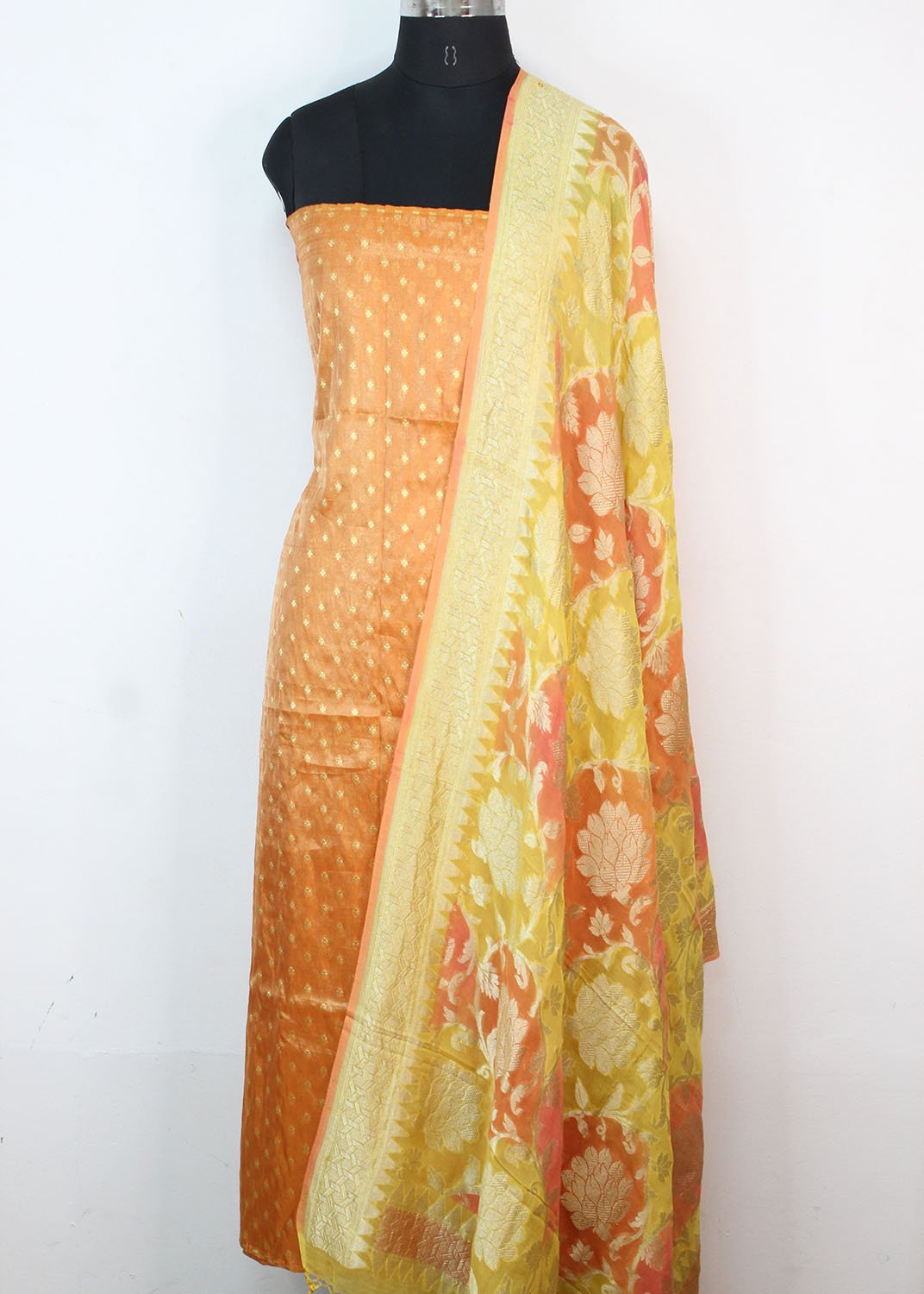 Orange Handloom Banarasi Tissue Silk Suit With Yellow Handloom Banarasi Pure Georgette Brush Dyed Dupatta - Luxurion World