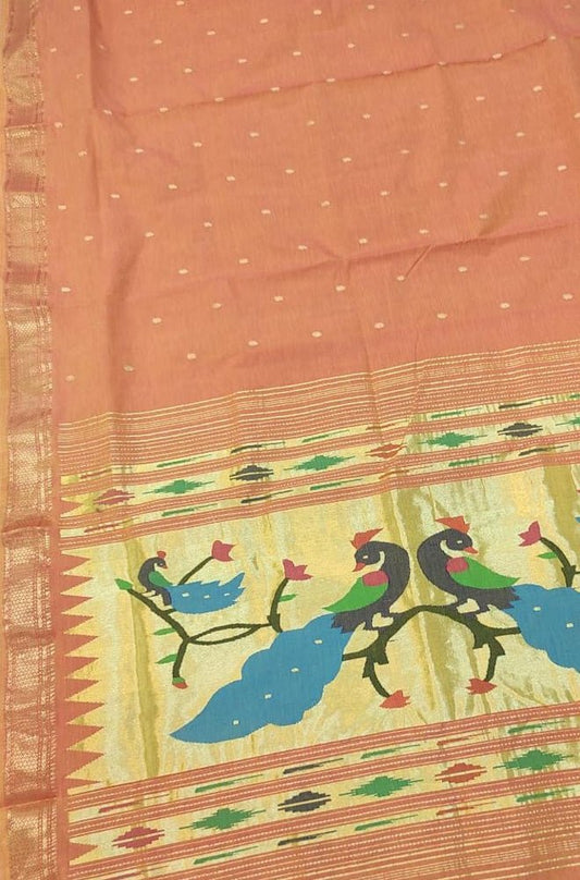 Orange Handloom Paithani Pure Cotton Peacock And Flower Design Saree - Luxurion World