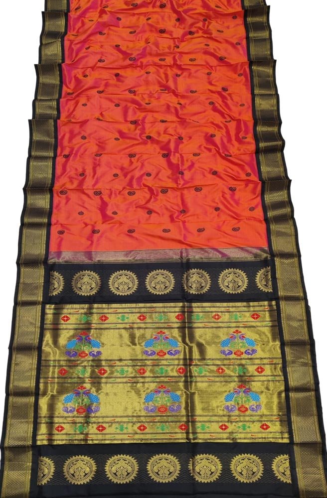 Orange Handloom Paithani Pure Silk Peacock Design Saree - Luxurion World