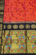 Orange Handloom Paithani Pure Silk Peacock Design Saree - Luxurion World