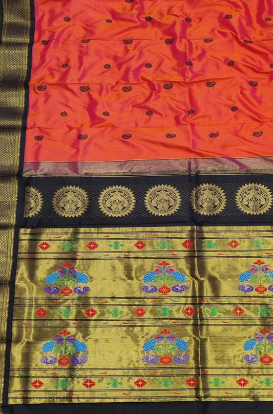 Orange Handloom Paithani Pure Silk Peacock Design Saree - Luxurion World