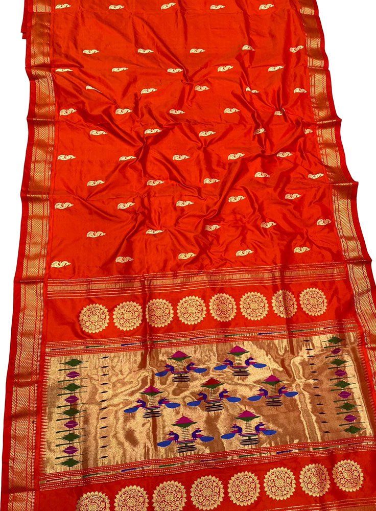 Orange Handloom Paithani Pure Silk Saree - Luxurion World