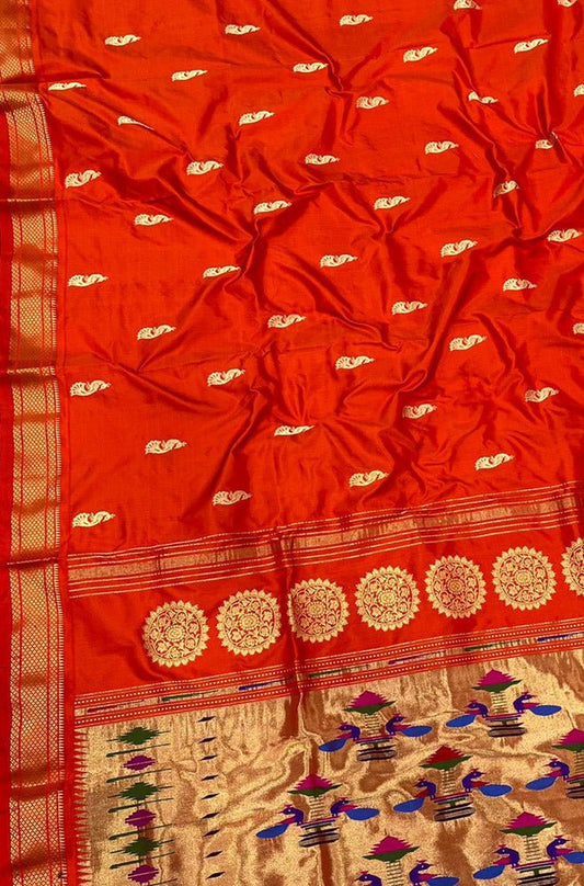 Orange Handloom Paithani Pure Silk Saree