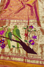 Orange Handloom Paithani Pure Silk Triple Muniya Border Parrot And Floral Design Saree - Luxurion World