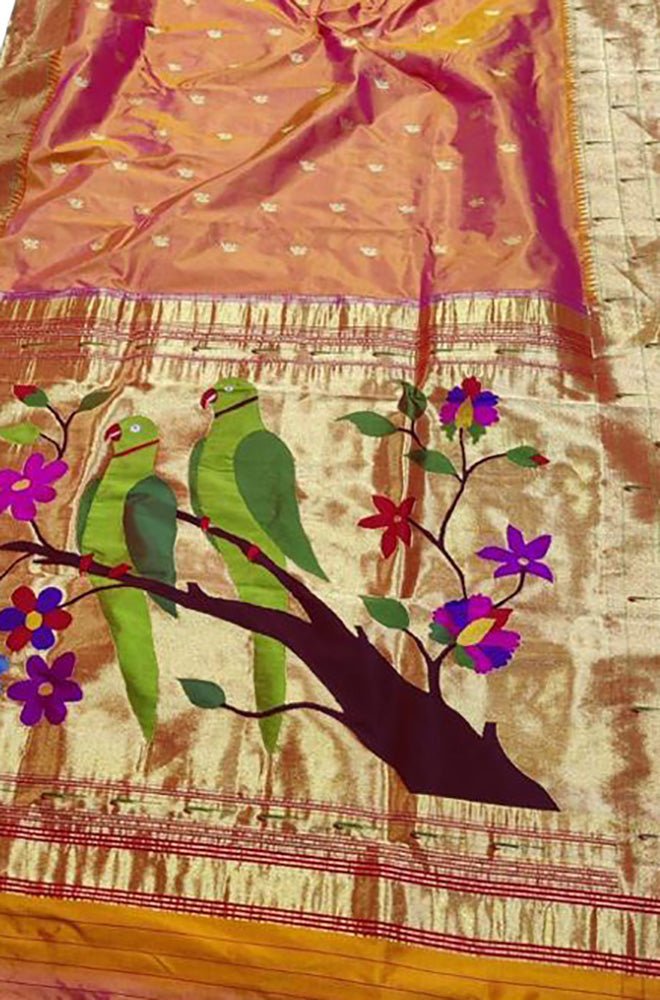 Orange Handloom Paithani Pure Silk Triple Muniya Border Parrot And Floral Design Saree - Luxurion World