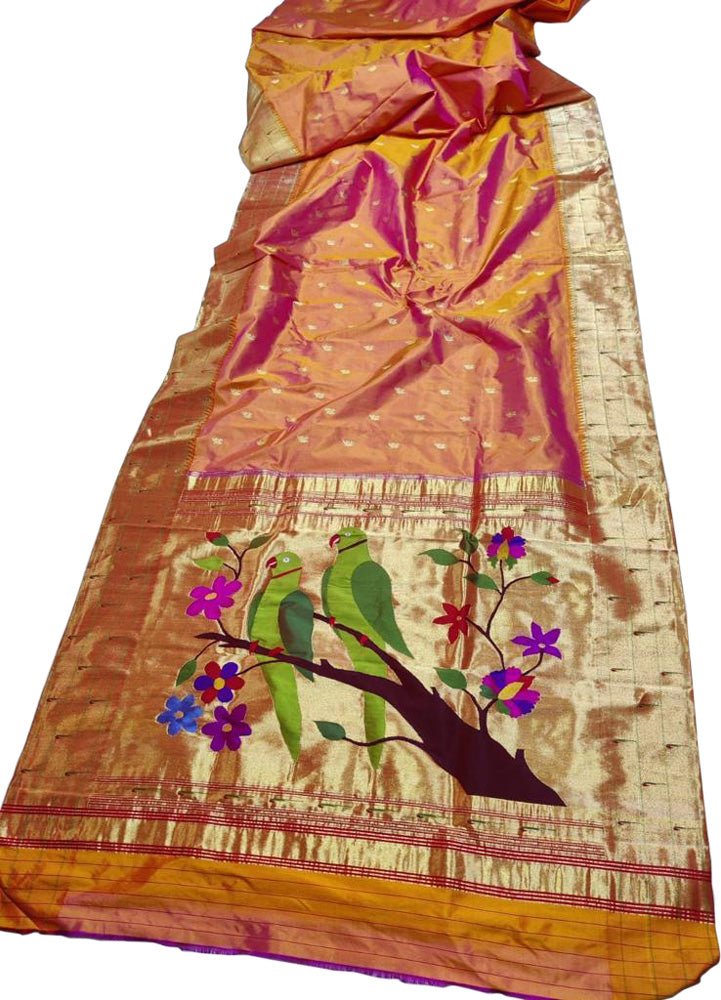 Orange Handloom Paithani Pure Silk Triple Muniya Border Parrot And Floral Design Saree