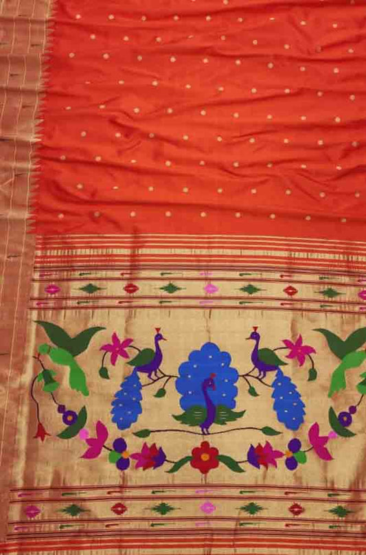 Orange Handloom Paithani Pure Silk Triple Muniya Border Peacock Design Saree - Luxurion World