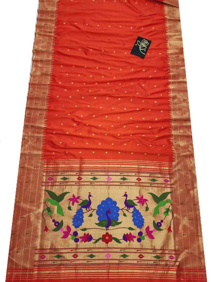 Orange Handloom Paithani Pure Silk Triple Muniya Border Peacock Design Saree Luxurionworld