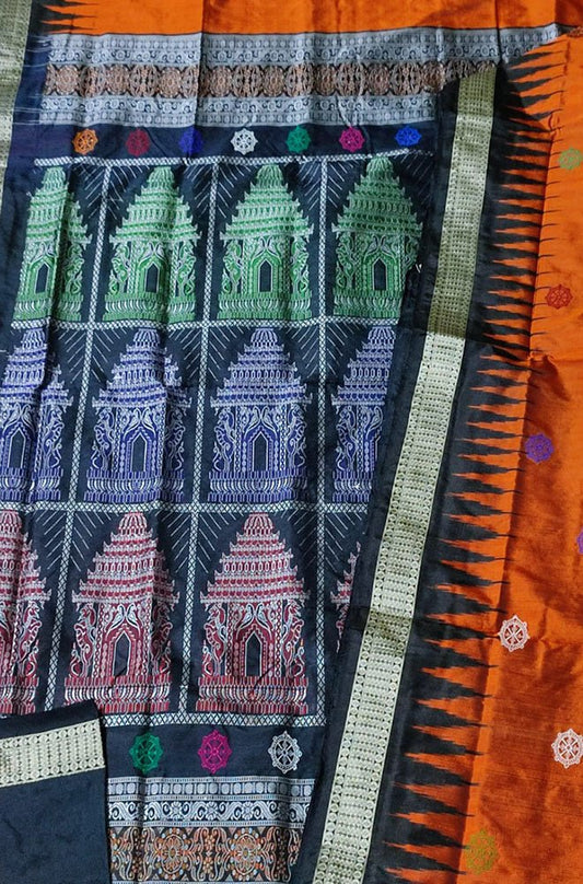 Orange Handloom Sambalpuri Double Ikat Silk Saree - Luxurion World