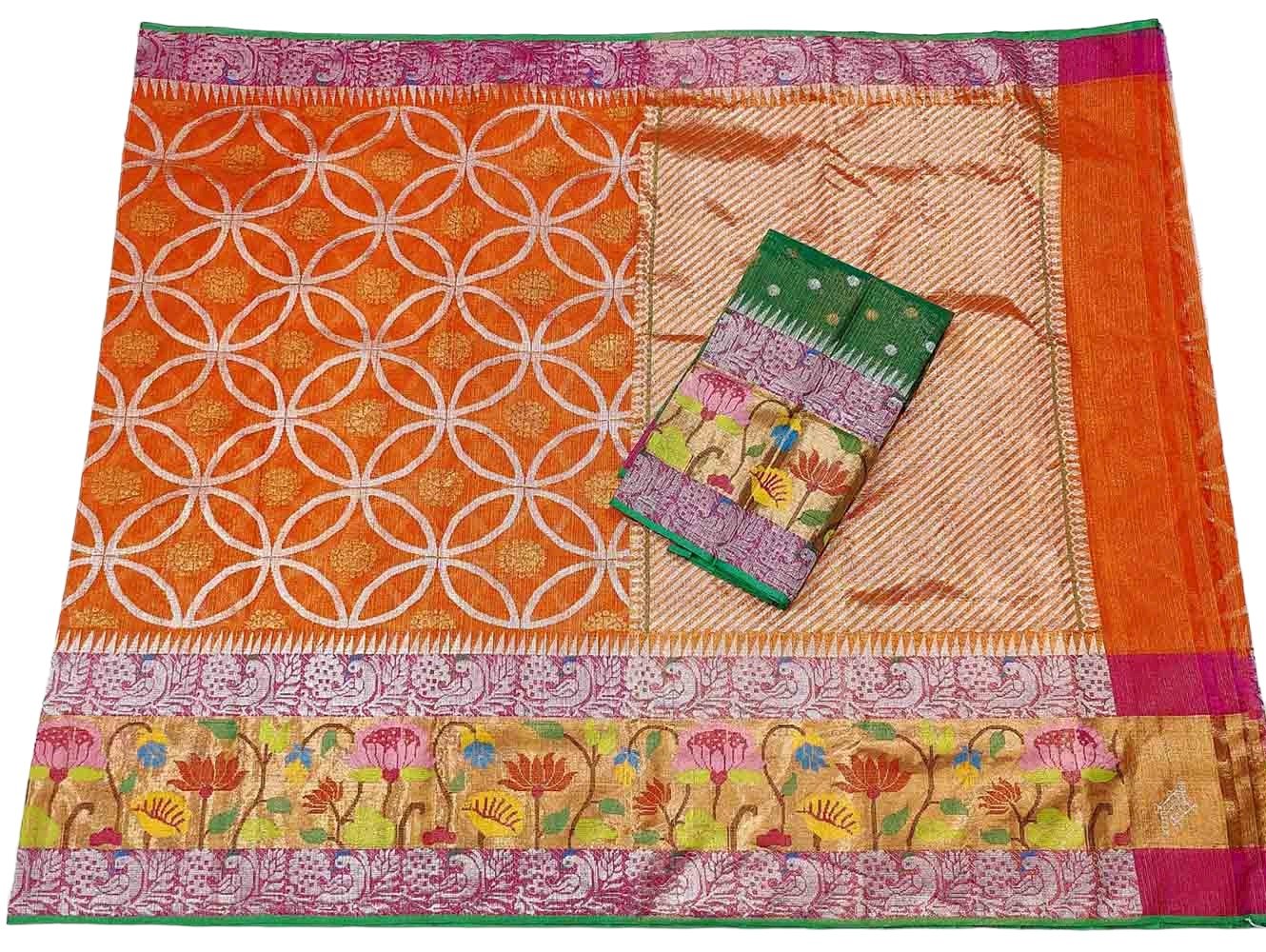 Orange Handloom Tissue Kota Doria Real Zari Figure Design Paithani Border Saree - Luxurion World