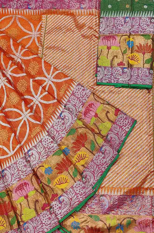 Orange Handloom Tissue Kota Doria Real Zari Figure Design Paithani Border Saree - Luxurion World