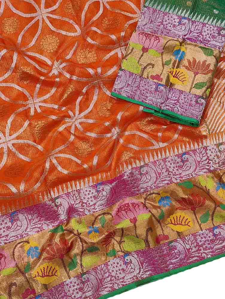 Orange Handloom Tissue Kota Doria Real Zari Figure Design Paithani Border Saree - Luxurion World