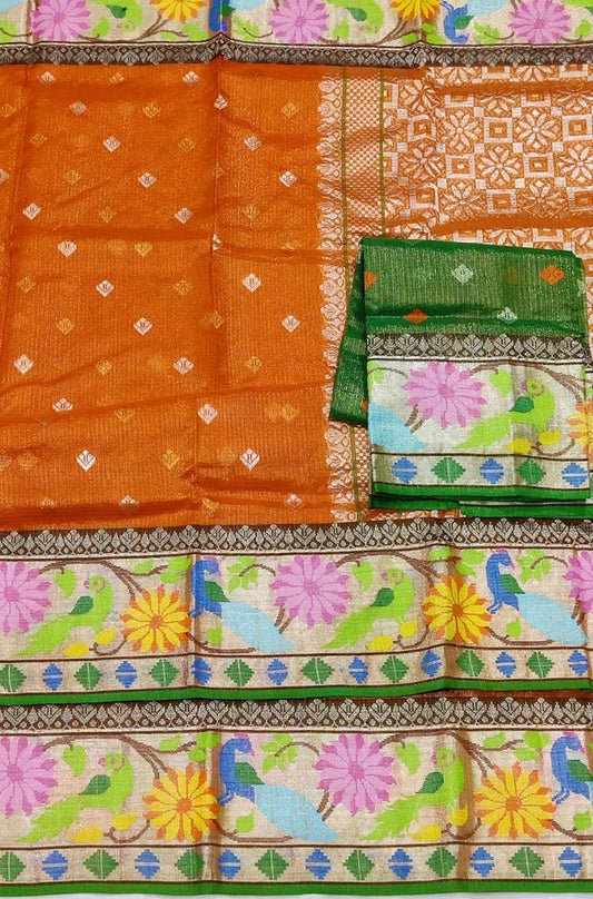 Orange Handloom Tissue Kota Doria Real Zari Paithani Border Saree - Luxurion World