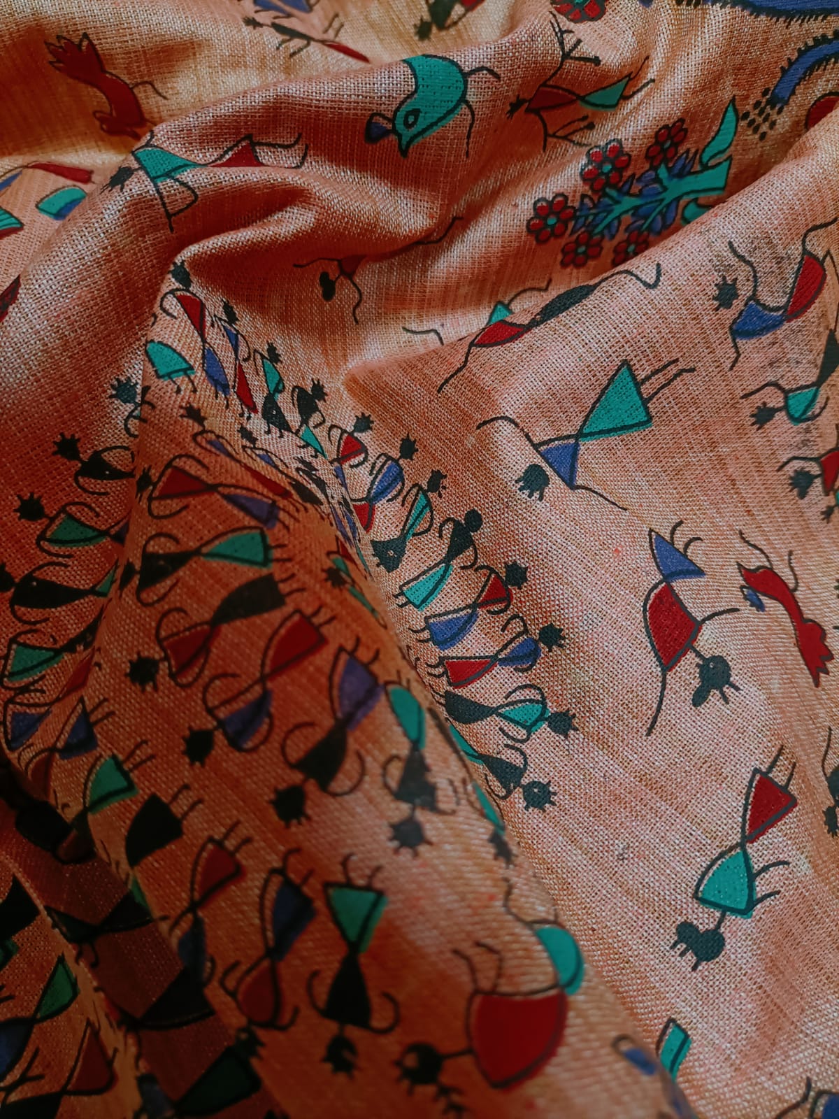 Orange Madhubani Cotton Fabric (1 Mtr) - Luxurion World