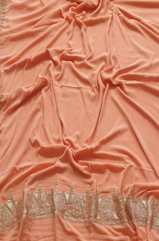 Orange Plain Embroidered Kashmiri Tila Work Crepe Saree
