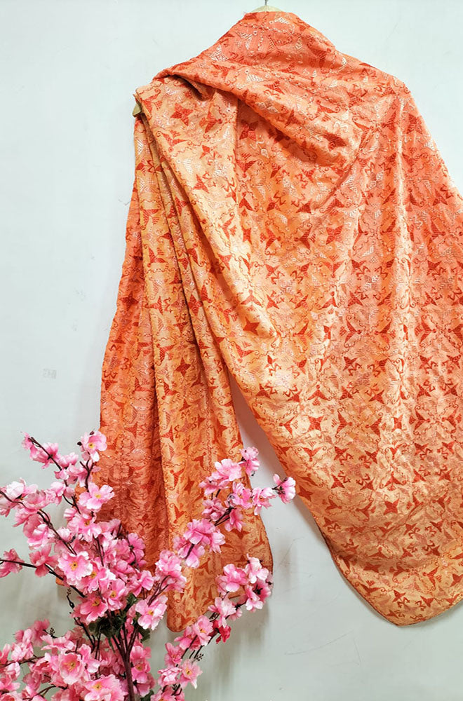 Orange Embroidered Phulkari Tabby Silk Dupatta - Luxurion World