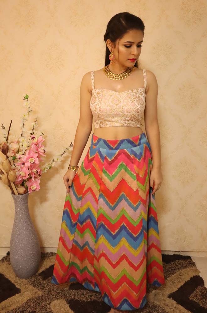 Panelled A Line Cut Multi Color Silk Skirt With Kim Khwab Silk Corset Neck Blouse Luxurionworld