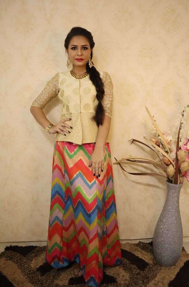 Panelled A Line Cut Multi Color Silk Skirt With Off White Shirt Pattern Blouse set