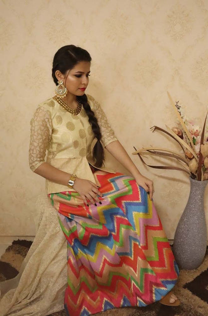 Panelled A Line Cut Multi Color Silk Skirt With Off White Shirt Pattern Blouse set