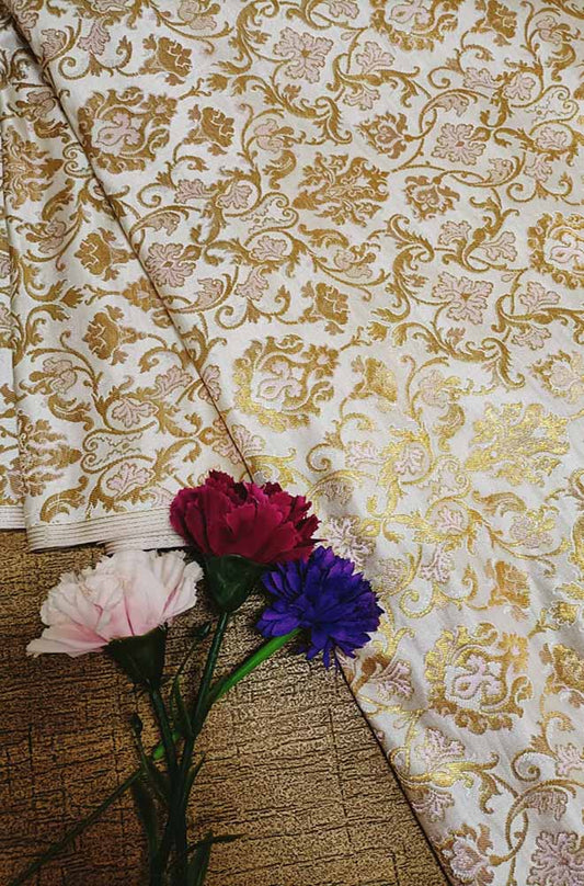 Pastel Banarasi Kimkhwab Silk Meenakari Fabric  ( 1.5 Mtr ) - Luxurion World