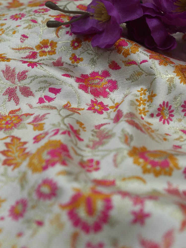 Pastel Banarasi Silk Meenakari Floral Design Fabric ( 1 Mtr ) - Luxurion World