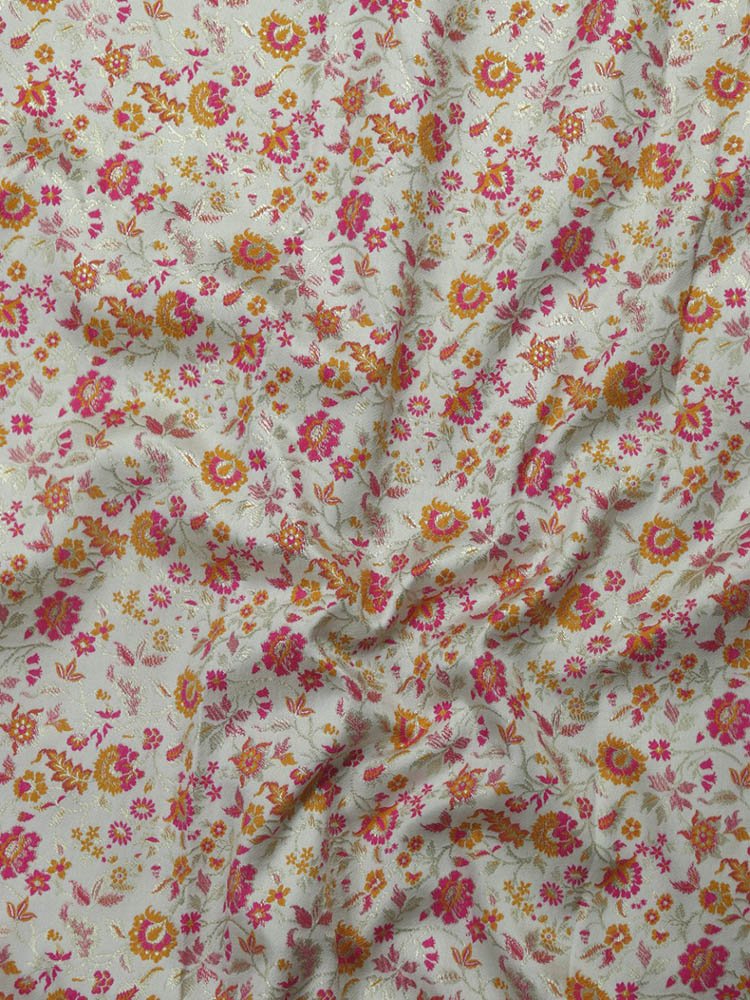 Pastel Banarasi Silk Meenakari Floral Design Fabric ( 1 Mtr ) - Luxurion World