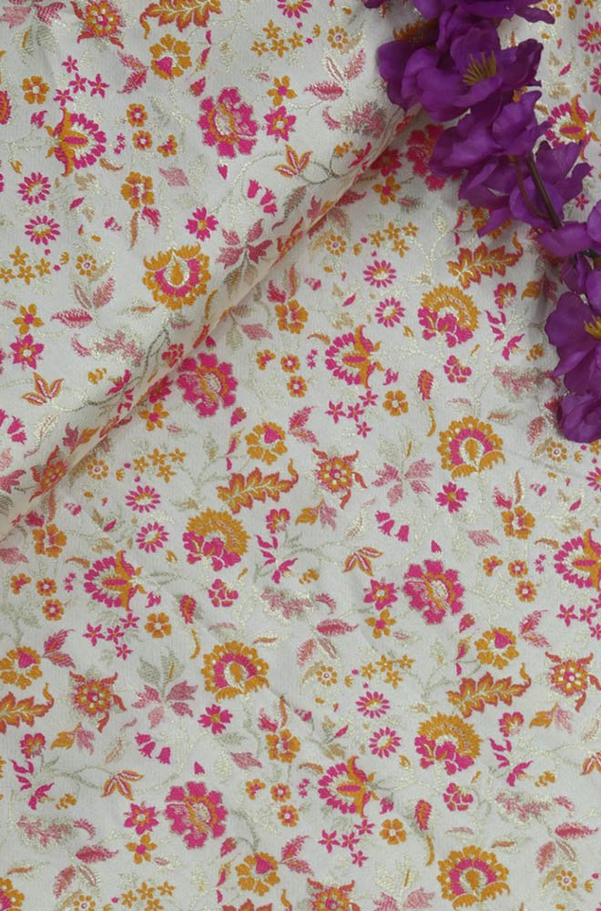 Pastel Banarasi Silk Meenakari Floral Design Fabric ( 1 Mtr )