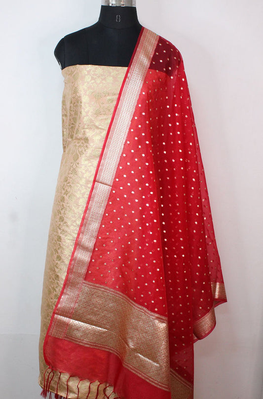 Pastel Banarasi Silk Suit With Red Banarasi Organza Dupatta - Luxurion World