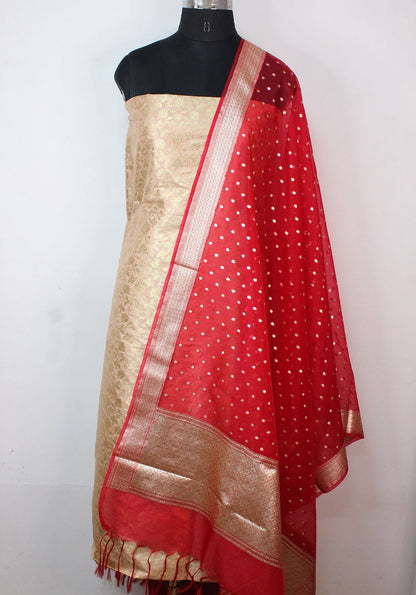 Pastel Banarasi Silk Suit With Red Banarasi Organza Dupatta - Luxurion World