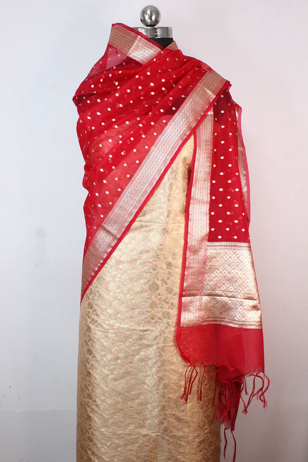 Pastel Banarasi Silk Suit With Red Banarasi Organza Dupatta