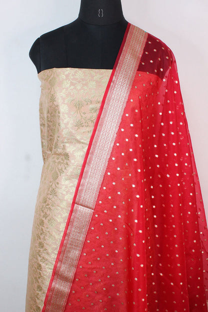 Pastel Banarasi Silk Suit With Red Banarasi Organza Dupatta