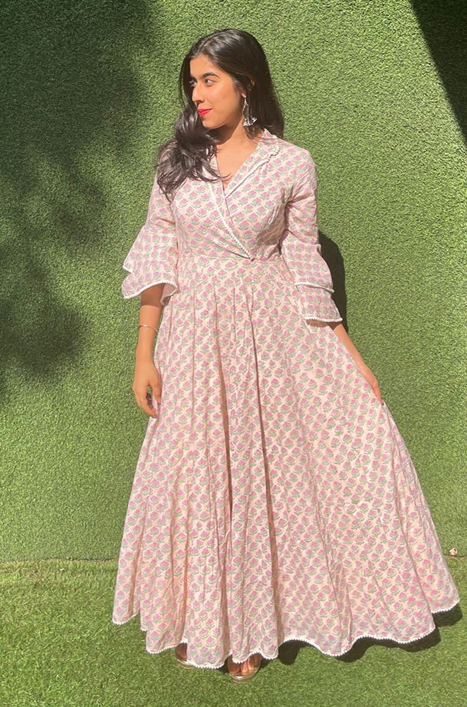 Pastel Block Printed Long Gown - Luxurion World