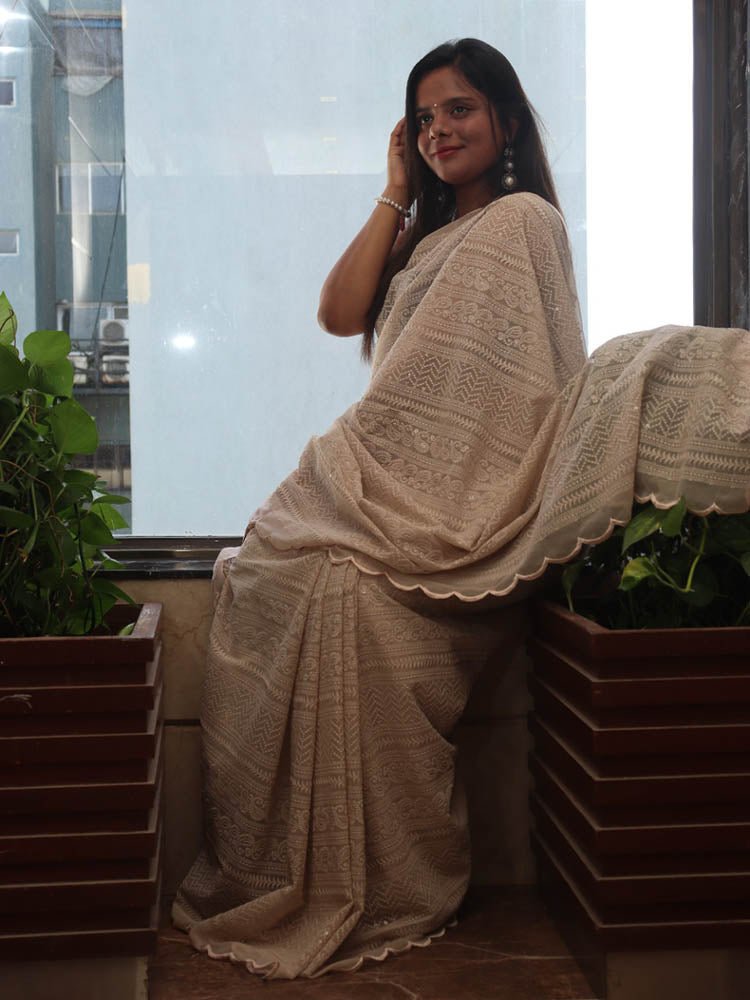 Pastel Embroidered Chikankari Georgette Sequins Work Saree - Luxurion World
