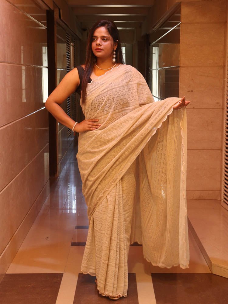 Pastel Embroidered Chikankari Georgette Sequins Work Saree - Luxurion World