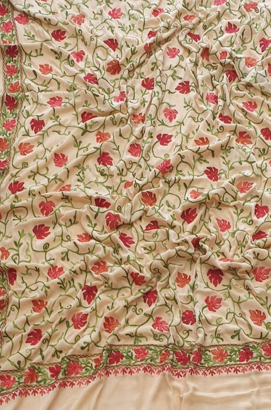 Pastel Embroidered Kashmiri Aari Work Crepe Flower Design Saree - Luxurion World