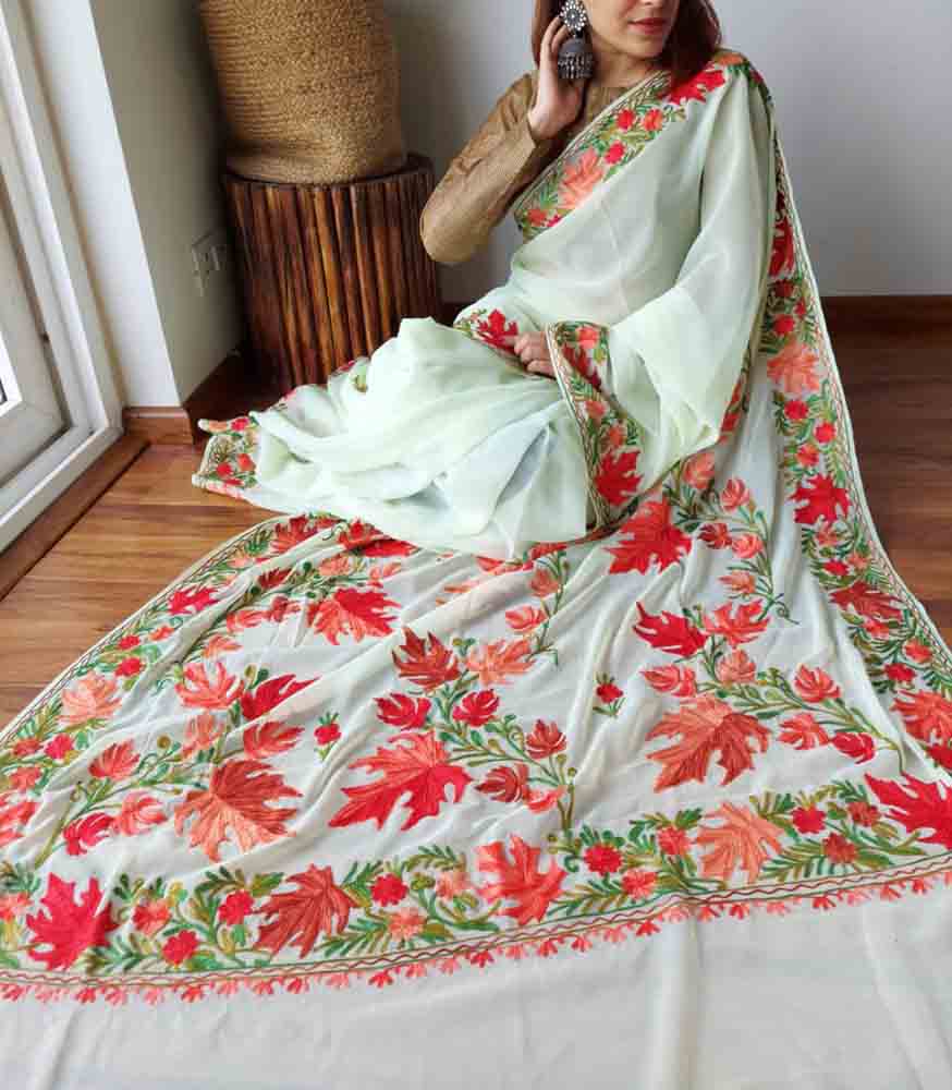 Pastel Embroidered Kashmiri Aari Work Georgette Floral Design Saree - Luxurion World