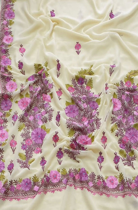 Pastel Embroidered Kashmiri Aari Work Georgette Flower Design Saree - Luxurion World