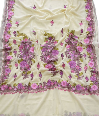 Pastel Embroidered Kashmiri Aari Work Georgette Flower Design Saree - Luxurion World