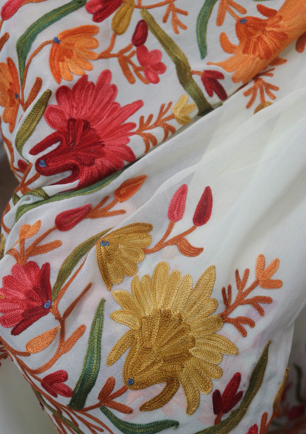 Pastel Embroidered Kashmiri Aari Work Georgette Saree - Luxurion World