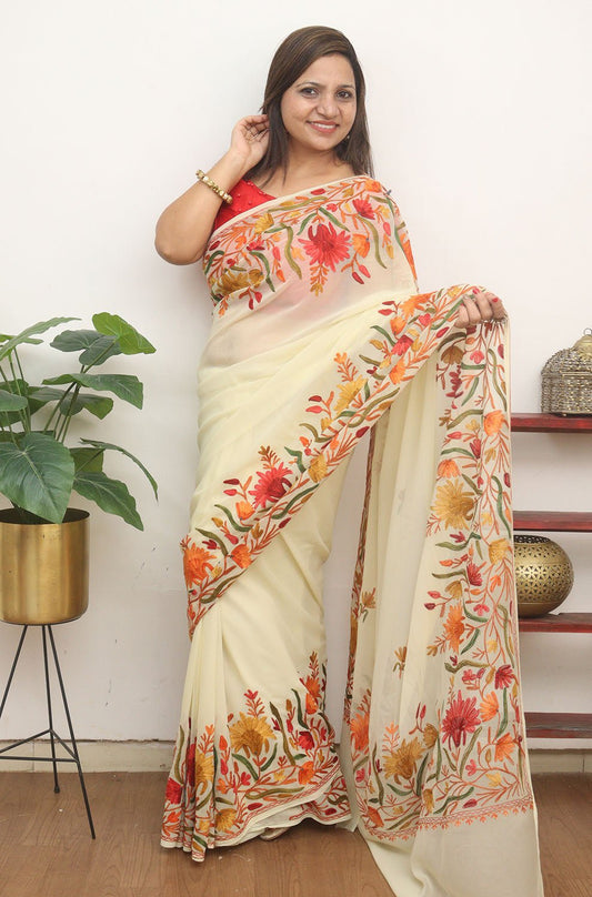 Pastel Embroidered Kashmiri Aari Work Georgette Saree - Luxurion World