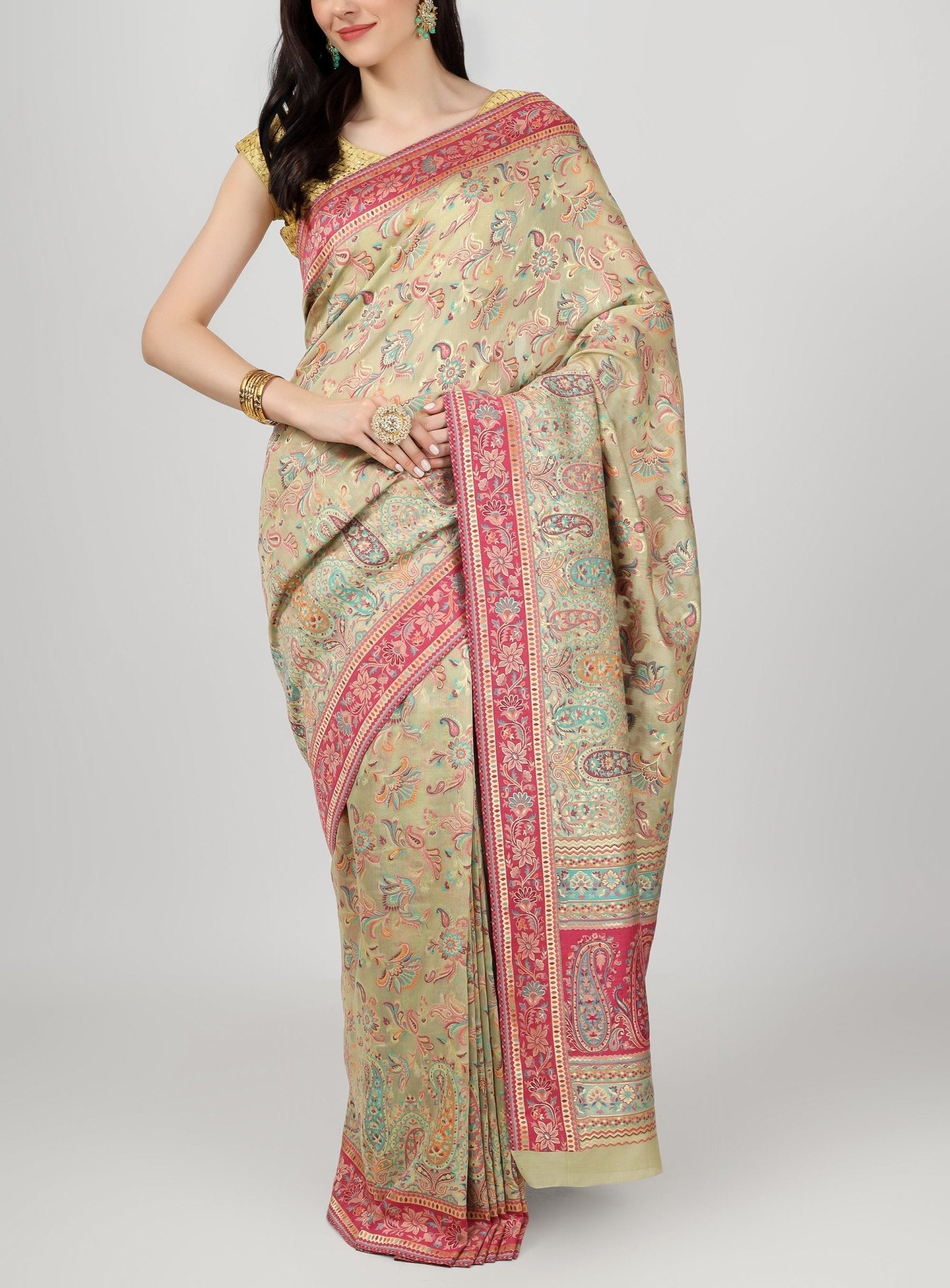 Pastel Embroidered Kashmiri Kani Work Pure Silk Saree - Luxurion World