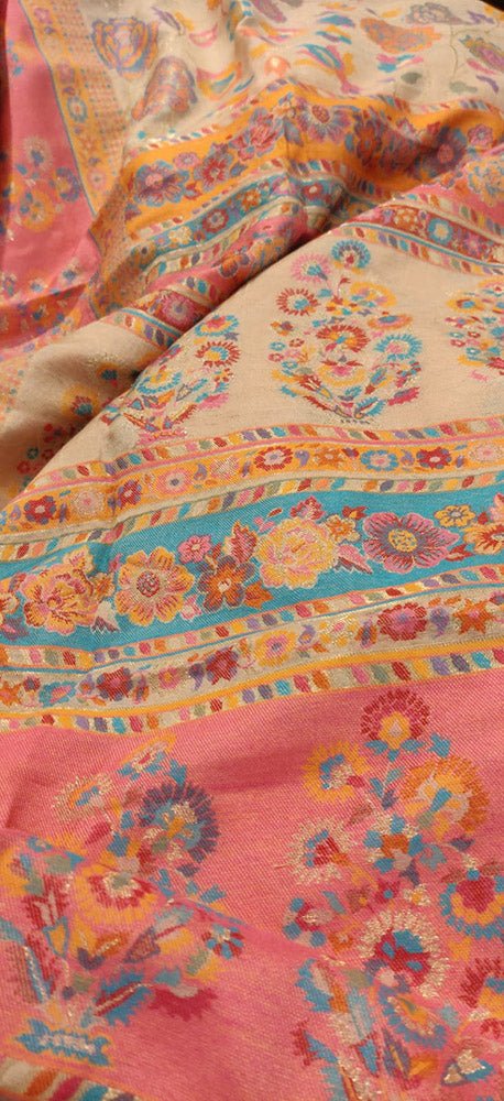 Pastel Embroidered Kashmiri Kani Work Pure Silk Saree - Luxurion World