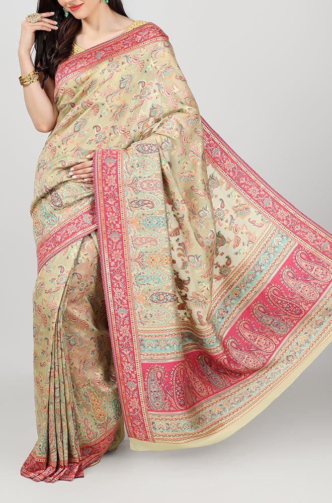 Pastel Embroidered Kashmiri Kani Work Pure Silk Saree - Luxurion World