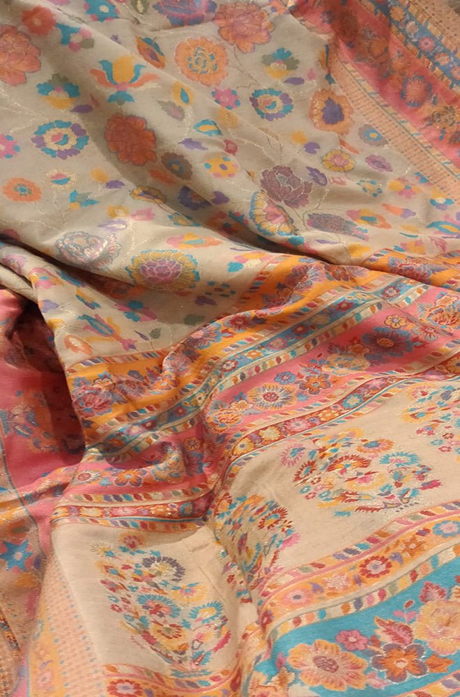 Pastel Embroidered Kashmiri Kani Work Pure Silk Saree - Luxurion World