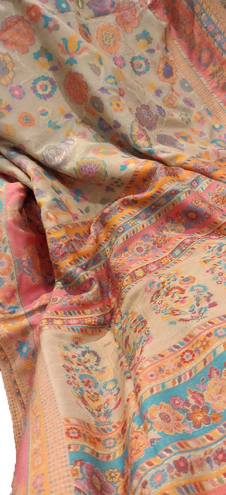 Pastel Embroidered Kashmiri Kani Work Pure Silk Saree - Luxurion World