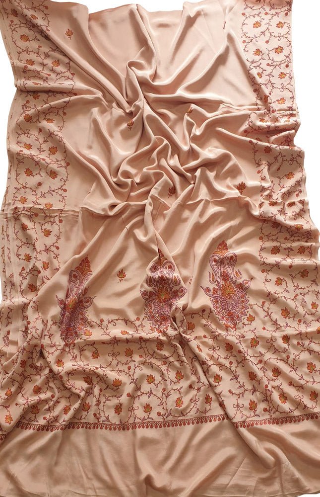 Pastel Embroidered Kashmiri Sozni Work Crepe Flower Design Saree - Luxurion World